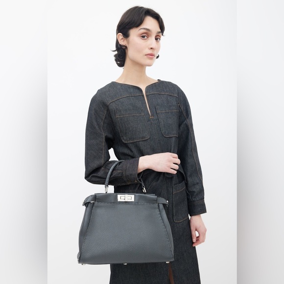 Fendi Grey Selleria Leather Peekaboo Shoulder Bag - Picture 3 of 11